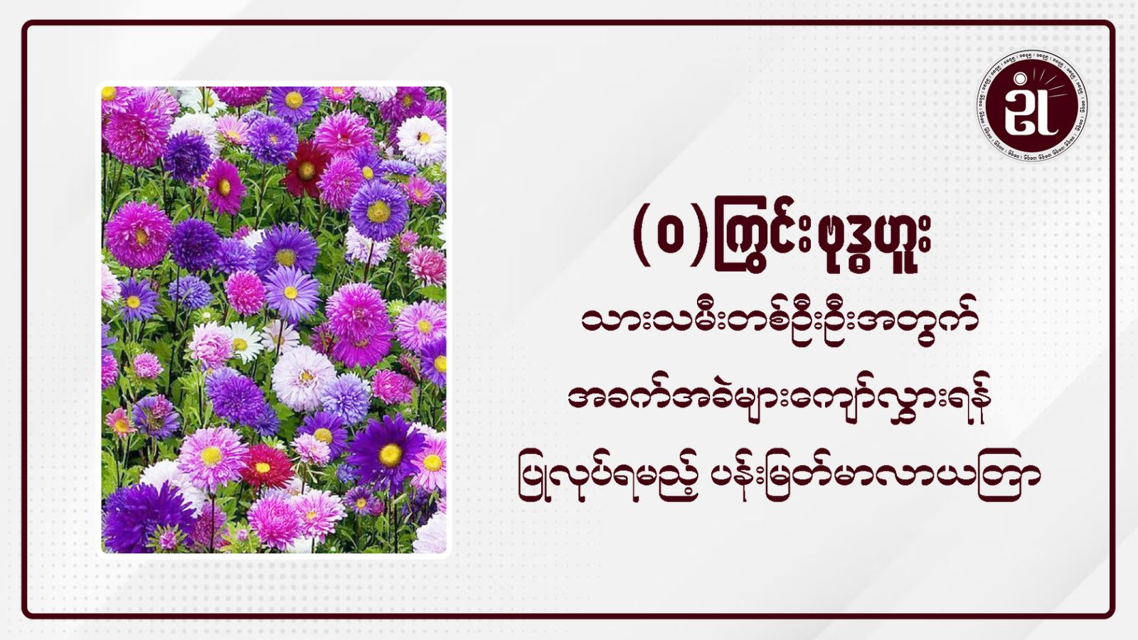 (၀) ကြွင်းဗုဒ္ဓဟူးသားသမီးတစ်ဦးဦးအတွက် အခက်အခဲများကျော်လွှားရန်ပြုလုပ်ရမည့်ပန်းမြတ်မာလာယတြာ