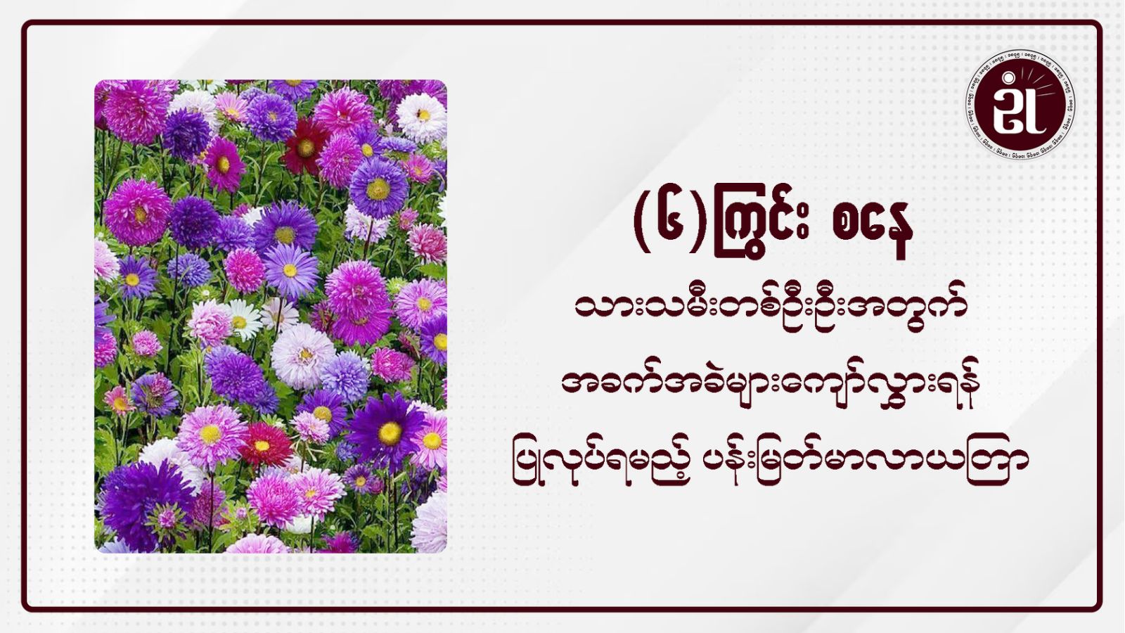 (၆)  ကြွင်းစနေသားသမီးတစ်ဦးဦးအတွက် အခက်အခဲများကျော်လွှားရန်ပြုလုပ်ရမည့်ပန်းမြတ်မာလာယတြာ